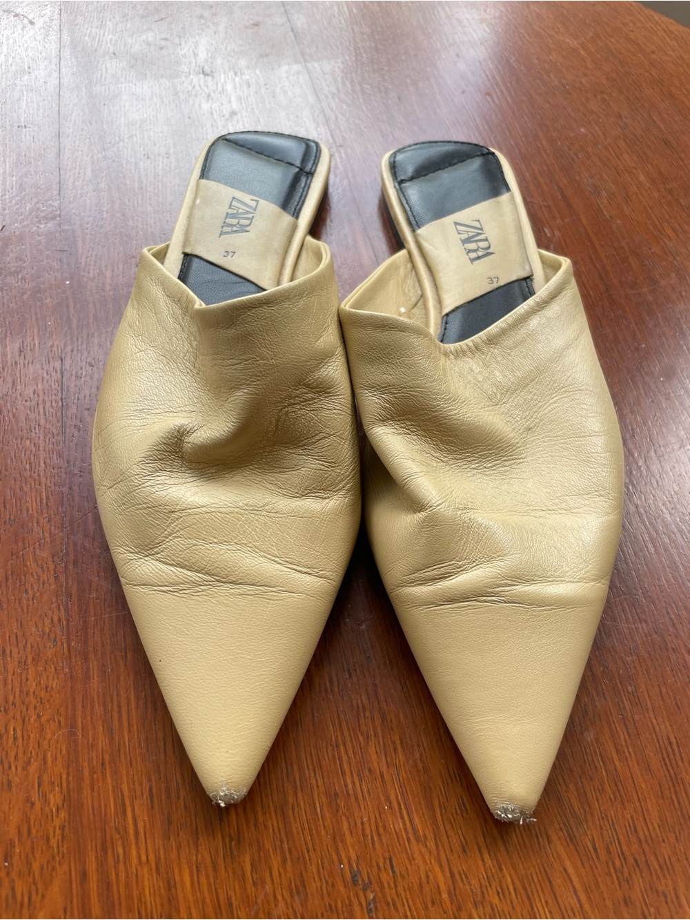 Zara Tan Leather Pointed Slip-On Mules